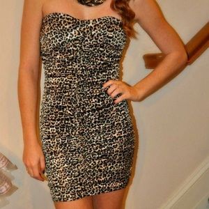 Leopard print silky ruched strapless dress